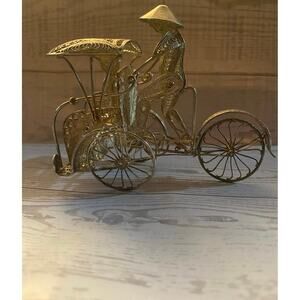 Vintage Filigree Brass Rickshaw with Rider – Asian Miniature Tricycle Carriage